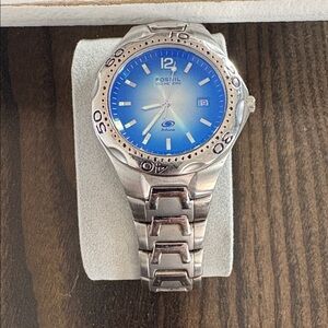 Fossil Silver Watch with Blue Dial and Blue Logo